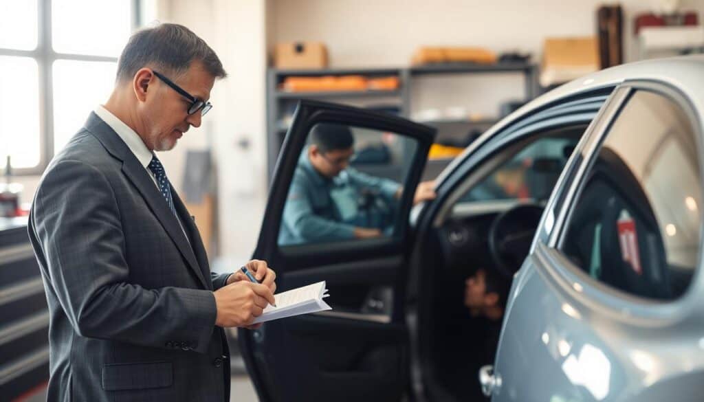 A professional setting depicting a damage assessment process by an expert appraiser. In the foreground, a middle-aged male appraiser in a business suit intently examines a damaged car, taking detailed notes and using a measuring tool. In the middle ground, a technician is inspecting the vehicle's interior for hidden damage, both individuals focused and engaged in their work. The background shows a bright, well-lit garage with tools and equipment neatly organized on shelves. Soft natural light filters through a window, creating a warm and serious atmosphere. The angle is slightly tilted to capture both subjects in action, emphasizing the thoroughness of the appraisal process. The image should feel professional and convey a sense of diligence and expertise in the evaluation of the damage.