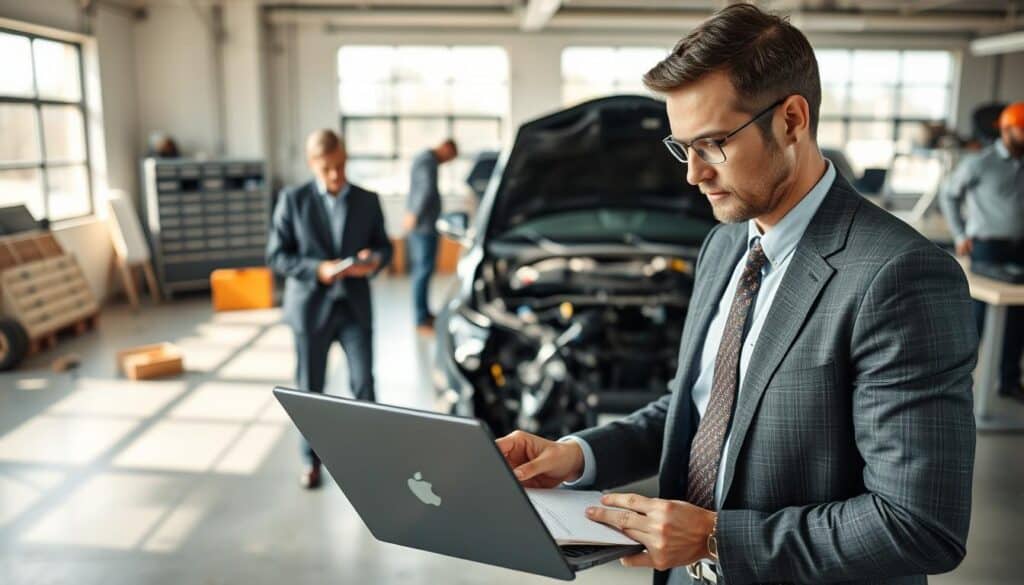 A professional setting depicting a damage assessment scene in an automotive context. In the foreground, a skilled automotive appraiser in a smart business outfit is analyzing a damaged vehicle, with detailed focus on the area of impact, using a laptop and notepad. In the middle ground, a mechanic is inspecting the car, surrounded by tools and equipment, showcasing an organized workshop environment. In the background, large windows allow natural light to flood the space, creating a bright and inviting atmosphere. The scene conveys a sense of professionalism and expertise, with a clear emphasis on structured evaluation methods for assessing vehicle damage. Use a realistic style, capturing the intricate details of the car's condition and the appraiser's focused expression, ensuring the image reflects a serious yet constructive mood. A professional setting depicting a damage assessment scene in an automotive context. In the foreground, a skilled automotive appraiser in a smart business outfit is analyzing a damaged vehicle, with detailed focus on the area of impact, using a laptop and notepad. In the middle ground, a mechanic is inspecting the car, surrounded by tools and equipment, showcasing an organized workshop environment. In the background, large windows allow natural light to flood the space, creating a bright and inviting atmosphere. The scene conveys a sense of professionalism and expertise, with a clear emphasis on structured evaluation methods for assessing vehicle damage. Use a realistic style, capturing the intricate details of the car's condition and the appraiser's focused expression, ensuring the image reflects a serious yet constructive mood.