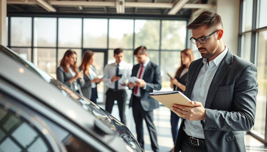 A professional setting depicting an automotive damage assessment scene. In the foreground, an insurance adjuster, dressed in smart business attire, closely examines a damaged vehicle with a clipboard in hand. Their expression is focused and analytical. In the middle ground, several other professionals, also in business attire, are engaged in discussions, reviewing documents, or taking notes on their smartphones. The background features a modern office environment with large windows allowing natural light to flood the room, casting soft shadows. The mood is serious and collaborative, reflecting the importance of accurate damage assessment. Use a slightly elevated angle to capture the dynamic interactions and keep the lighting bright yet soft to enhance clarity.