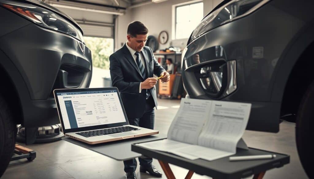 A professional setting depicting an expert evaluating vehicle damage. In the foreground, a trained adjuster in a crisp business suit carefully examines a car's front bumper, using a measuring tool. The middle ground features a laptop open on a portable table, displaying detailed documentation and calculation sheets related to the damage assessment. In the background, a bright, well-lit garage contains various tools, repair parts, and a large window allowing natural light to pour in, creating a focused yet inviting atmosphere. The scene conveys diligence and attention to detail, with soft lighting to emphasize the seriousness of the evaluation process, captured from a slightly elevated angle to showcase both the expert and the car.