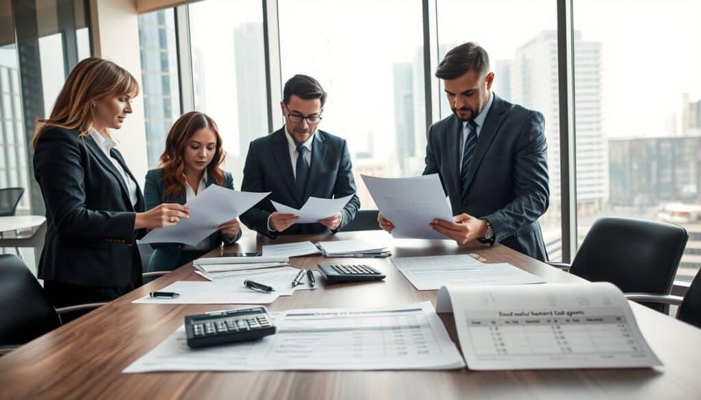 A professional setting depicting an independent damage assessment. In the foreground, a diverse group of three experts—one woman and two men—analyzing documents and using a laptop, all dressed in smart business attire. The middle ground features a large conference table with paperwork, a calculator, and a financial report detailing costs of damage assessments contrasted with potential legal gains. In the background, a modern office interior with large windows letting in natural light, showcasing a cityscape. The atmosphere is focused and serious, reflecting diligence and professionalism. The scene is well-lit, with soft shadows highlighting the details on the table, captured from a slightly elevated angle to encompass the entire group and their workspace.