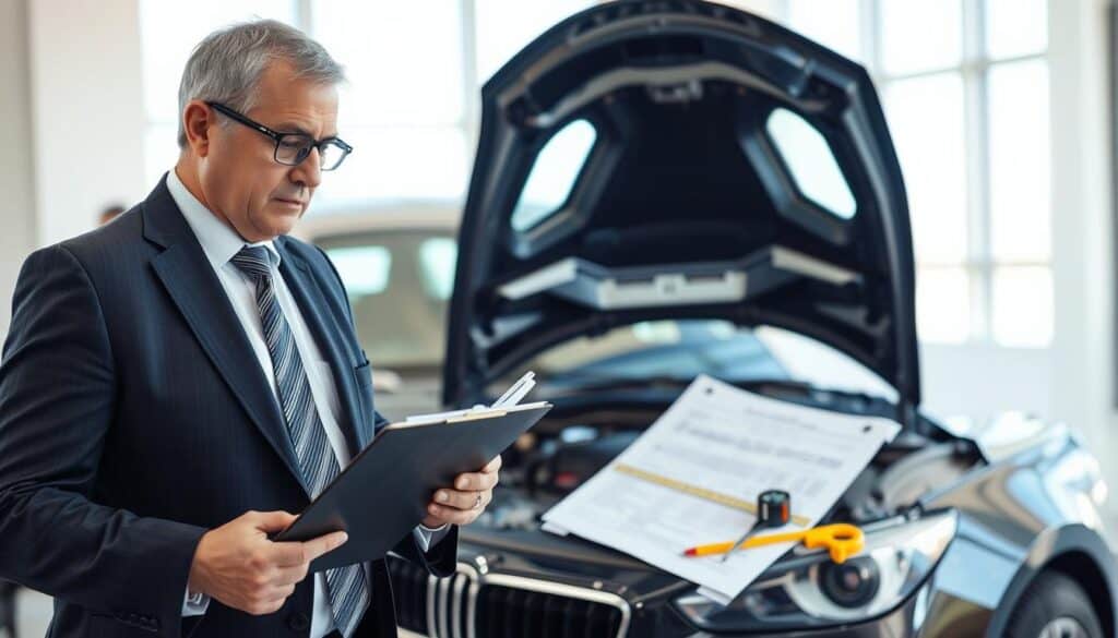 A professional setting depicting an insurance adjuster reviewing a vehicle damage assessment report. In the foreground, a middle-aged male insurance adjuster in smart business attire, holding a clipboard and a pen, focused and contemplative. In the middle, the open hood of a car showing minor damages, with various measurement tools laid out. The background features a bright, well-lit office environment with a large window letting in natural light, showcasing a clear blue sky. The mood is serious yet constructive, emphasizing diligence and trustworthiness in the insurance evaluation process. The image should utilize soft, diffused lighting to create a calm atmosphere, highlighting the professionalism of the scene. A professional setting depicting an insurance adjuster reviewing a vehicle damage assessment report. In the foreground, a middle-aged male insurance adjuster in smart business attire, holding a clipboard and a pen, focused and contemplative. In the middle, the open hood of a car showing minor damages, with various measurement tools laid out. The background features a bright, well-lit office environment with a large window letting in natural light, showcasing a clear blue sky. The mood is serious yet constructive, emphasizing diligence and trustworthiness in the insurance evaluation process. The image should utilize soft, diffused lighting to create a calm atmosphere, highlighting the professionalism of the scene.