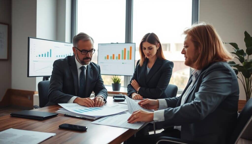A professional setting showcasing a collaboration between an insurance adjuster and a client in a modern office. In the foreground, the adjuster, a middle-aged individual in smart business attire, is analyzing documents on a desk, while sharing insights with a concerned-looking client, a woman in business casual clothing. The middle ground features a sleek, organized workspace with charts and graphs depicting damage assessments on a screen. In the background, a large window allows soft, natural light to illuminate the scene, casting gentle shadows and creating a warm atmosphere. The camera angle is slightly elevated, giving a comprehensive view of the interaction, emphasizing trust and professionalism in the consulting process.