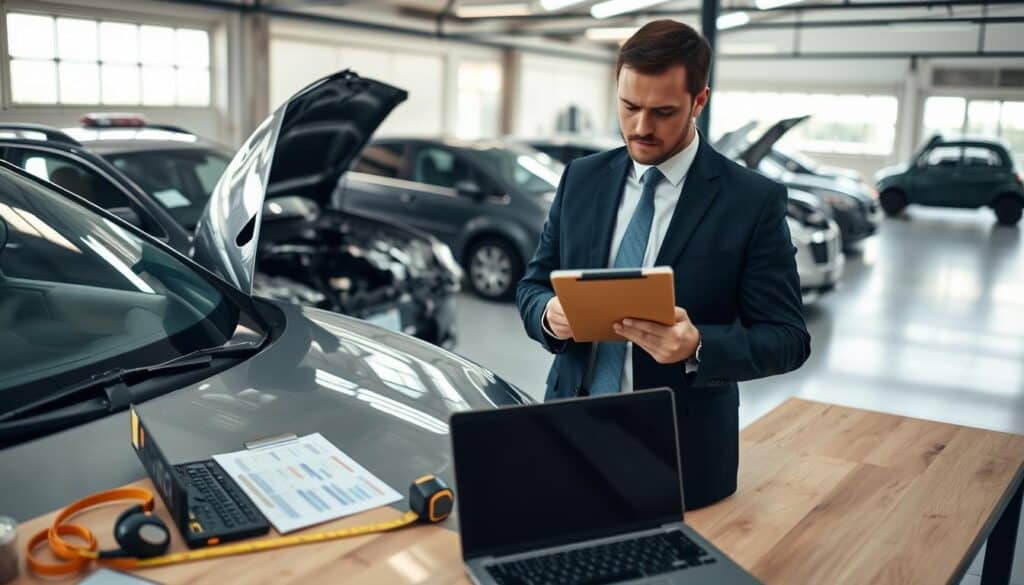 A professional setting showcasing a detailed damage assessment process for vehicles. In the foreground, a well-dressed insurance adjuster wearing a suit examines a damaged car hood with a clipboard in hand, looking focused and analytical. The middle ground features a table displaying various evaluation tools, such as a measuring tape and a laptop with data charts. In the background, a garage with bright, natural lighting reveals additional vehicles under inspection, creating an atmosphere of professionalism and diligence. The angle is slightly elevated, capturing the entire scene, blending clarity with a sense of depth. The overall mood is serious and methodical, reflecting the importance of accurate damage valuation methods in the automotive industry. A professional setting showcasing a detailed damage assessment process for vehicles. In the foreground, a well-dressed insurance adjuster wearing a suit examines a damaged car hood with a clipboard in hand, looking focused and analytical. The middle ground features a table displaying various evaluation tools, such as a measuring tape and a laptop with data charts. In the background, a garage with bright, natural lighting reveals additional vehicles under inspection, creating an atmosphere of professionalism and diligence. The angle is slightly elevated, capturing the entire scene, blending clarity with a sense of depth. The overall mood is serious and methodical, reflecting the importance of accurate damage valuation methods in the automotive industry.