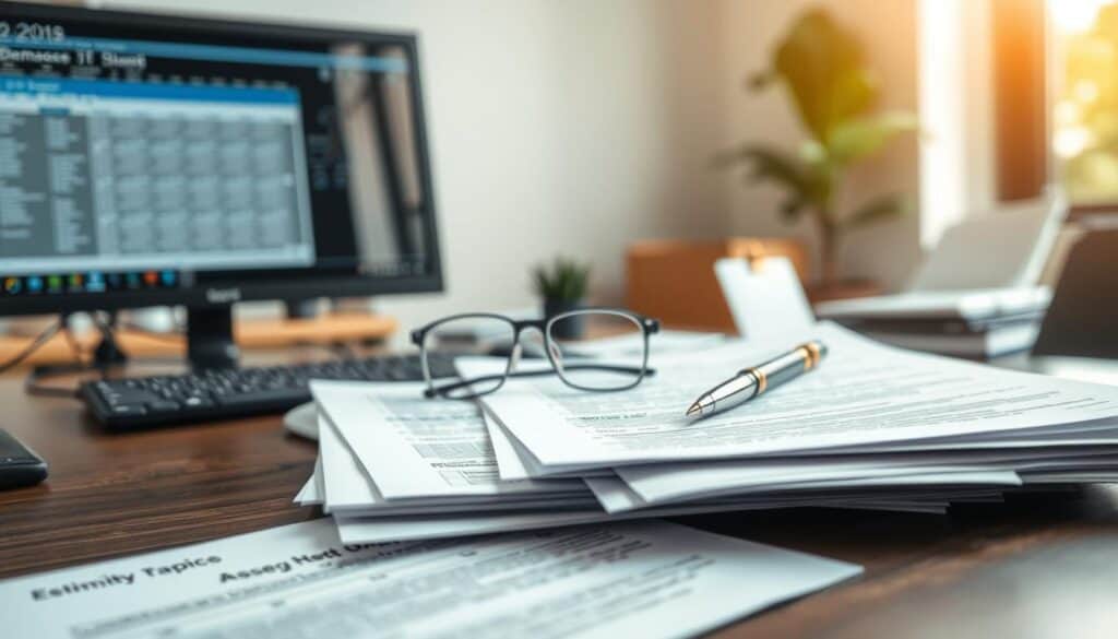 A professional workspace featuring a well-organized desk where essential documents for assessing vehicle damage are laid out. In the foreground, a stack of various forms including a damage estimation sheet, a checklist, and a policy document, all neatly arranged. In the middle, a pair of reading glasses and a pen poised for taking notes, suggesting active engagement. The background displays a softly lit office environment with a computer screen showing a detailed vehicle damage assessment software. The natural sunlight streams in through a window, creating a warm and inviting atmosphere. Focus on clarity and professionalism, with a shallow depth of field to draw attention to the documents and workspace elements.