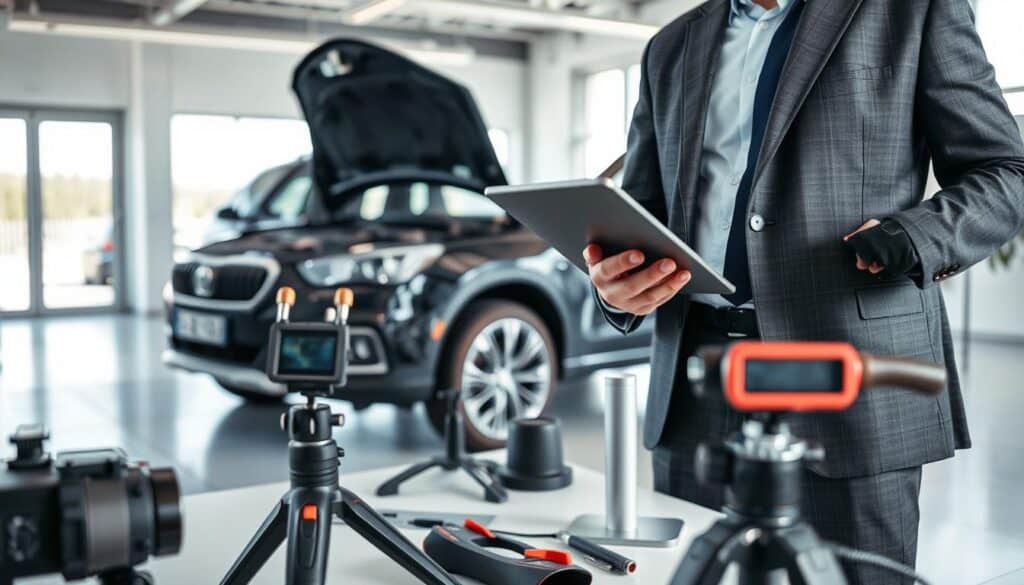 A sophisticated office environment focused on the evaluation of car damage. In the foreground, a professional wearing a tailored suit examines a damaged vehicle with a digital tablet in hand, analyzing the car's condition using advanced technology. In the middle ground, various tools and devices used for damage assessment are visible, including a high-resolution camera and measuring instruments. The background features a modern office with large windows allowing natural light to flood in, creating a bright and productive atmosphere. The overall mood is one of professionalism and innovation, highlighting the impact of technology on the damage valuation process with a clean, polished visual style. The lighting is bright and clear, emphasizing the details of both the vehicle and the assessment tools.