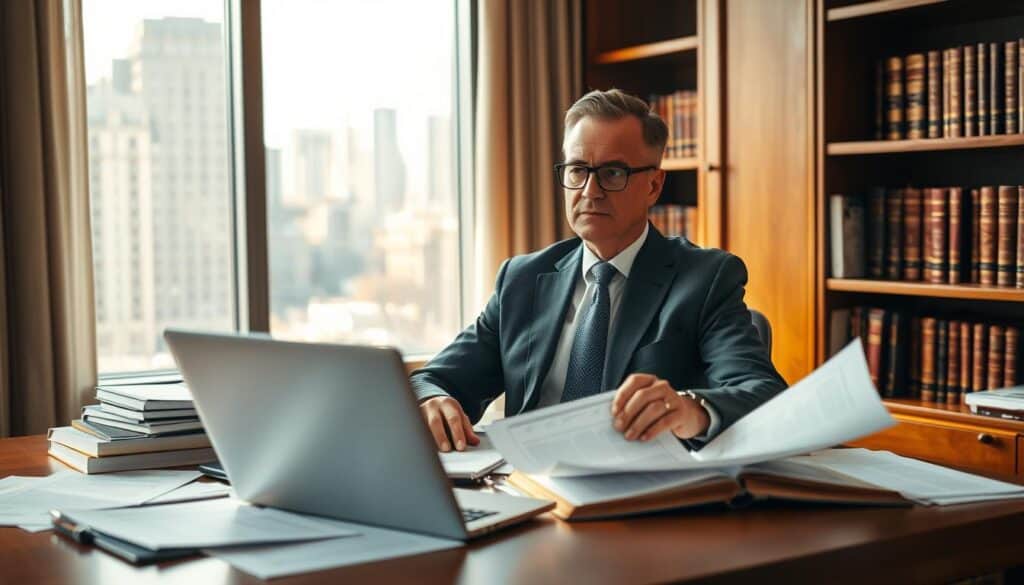 A thoughtful legal consultant in a professional office setting, sitting at a wooden desk cluttered with legal documents and a laptop. The consultant, a middle-aged person in a tailored suit, is reviewing an insurance claim case, with a focused expression. In the background, shelves filled with law books, and a window showing a bustling cityscape bathed in soft, natural light. The atmosphere is serious yet hopeful, embodying a sense of professionalism and assurance. The lighting is warm and inviting, emphasizing the consultant’s dedication to helping clients navigate complex legal challenges. A slight depth-of-field effect softens the background, drawing attention to the consultant’s concentrated demeanor. A thoughtful legal consultant in a professional office setting, sitting at a wooden desk cluttered with legal documents and a laptop. The consultant, a middle-aged person in a tailored suit, is reviewing an insurance claim case, with a focused expression. In the background, shelves filled with law books, and a window showing a bustling cityscape bathed in soft, natural light. The atmosphere is serious yet hopeful, embodying a sense of professionalism and assurance. The lighting is warm and inviting, emphasizing the consultant’s dedication to helping clients navigate complex legal challenges. A slight depth-of-field effect softens the background, drawing attention to the consultant’s concentrated demeanor.