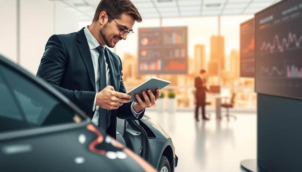 A visually striking and informative illustration depicting the differences in damage valuation approaches. In the foreground, a professional insurance adjuster, dressed in smart business attire, examines a car with visible damage, holding a tablet to input data. In the middle ground, a contrasting scene shows an insurance company office, with metrics and graphs displayed on a large screen, highlighting the disparities in evaluation methods. In the background, soft focus elements include a cityscape, suggesting an urban environment. The lighting is bright and neutral, simulating a professional setting, capturing a mood of professionalism and analytical rigor. The composition conveys the tension between meticulous damage assessment and streamlined insurance calculations.