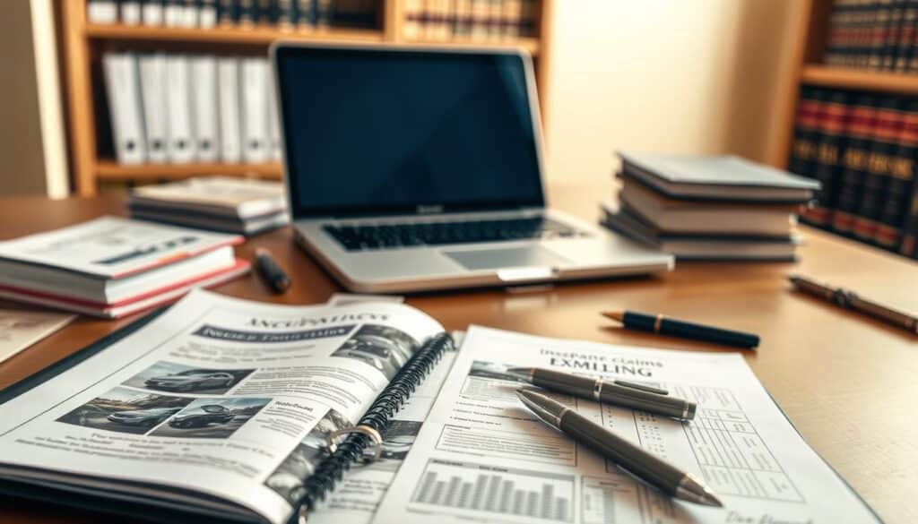 A well-organized desk scene showcasing essential documents required for an independent assessment of insurance claims. In the foreground, an open folder displays neatly arranged papers, including accident reports, repair estimates, and photographs of damaged vehicles. A pen lies beside the folder, hinting at ongoing work. The middle ground features a professional-looking laptop and a stack of industry-related reference books, creating a sense of diligence and expertise. The background includes a soft-focus bookshelf filled with legal texts, enhancing the authoritative atmosphere. The lighting is warm and inviting, creating a sense of reliability and professionalism, while maintaining a crisp, clear perspective from a slight overhead angle, inviting viewers to engage with the content naturally.