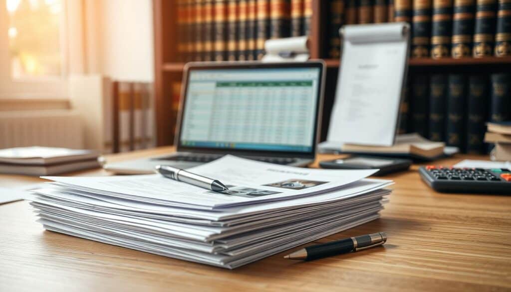 A well-organized office desk scene focused on essential documents for insurance valuation. In the foreground, a stack of neatly arranged papers, including invoices, assessment forms, and photographs of vehicle damage, with a professional-looking pen beside them. The middle background features a laptop displaying a spreadsheet and a calculator, suggesting meticulous calculations. The background includes a bookshelf filled with law and insurance books, and soft natural daylight filters through a window, creating a warm yet professional atmosphere. The image conveys a sense of diligence and expertise, suitable for the context of insurance claims. The composition should be well-lit, with a slight depth of field to emphasize the documents in the foreground. A well-organized office desk scene focused on essential documents for insurance valuation. In the foreground, a stack of neatly arranged papers, including invoices, assessment forms, and photographs of vehicle damage, with a professional-looking pen beside them. The middle background features a laptop displaying a spreadsheet and a calculator, suggesting meticulous calculations. The background includes a bookshelf filled with law and insurance books, and soft natural daylight filters through a window, creating a warm yet professional atmosphere. The image conveys a sense of diligence and expertise, suitable for the context of insurance claims. The composition should be well-lit, with a slight depth of field to emphasize the documents in the foreground.