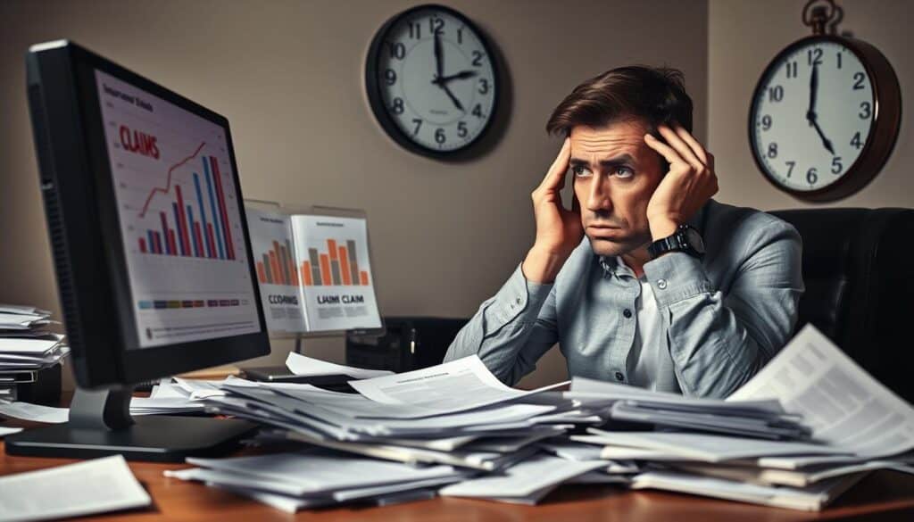 A worried person sitting at a desk piled with paperwork, depicting frustration over insurance claim disputes. In the foreground, the individual is in professional attire, holding a pen and looking at a computer screen displaying graphical charts of claim denials. The middle layer shows open claim forms and rejection letters scattered around the desk. In the background, a wall clock ticks ominously, enhancing the feeling of urgency and tension. Soft, overhead lighting casts shadows that emphasize the clutter, while the perspective is from a slightly elevated angle to capture the person’s concerned expression. The overall mood is one of anxiety and dissatisfaction, reflective of grievances against insurance companies.