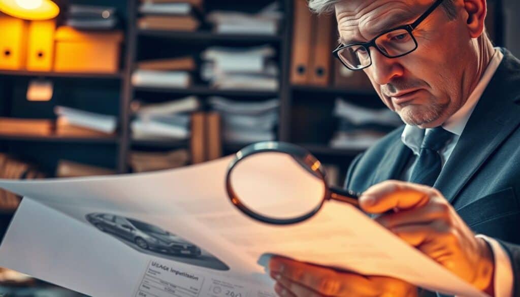 A close-up image depicting a business professional examining a vehicle damage assessment report, highlighting the concept of "underestimation" in insurance claims. The foreground features a confident middle-aged man in professional attire, deeply focused on the documents, with a magnifying glass in hand. The middle section shows a damaged car, detailing scratches and dents, under the warm glow of office lighting. In the background, shelves filled with insurance files create a sense of depth and organization. The atmosphere is serious yet analytical, with a soft focus capturing the intensity of the moment. The angle is slightly tilted to emphasize the scrutiny of the report while ensuring clarity in the subject's expressions and the details of the car's damage.