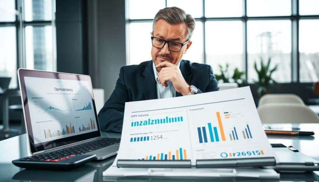 A confident professional sitting at a modern desk with a laptop open, deep in thought while reviewing a detailed analysis report titled "opinia rzeczoznawcy". The foreground features a close-up of the report, displaying graphs and figures indicating vehicle valuations and insurance assessments. The middle ground captures the expert, a middle-aged man in business attire, wearing glasses, with a focused expression, surrounded by tools of his trade like a calculator and a digital tablet. The background showcases a sleek office environment with large windows allowing natural light to pour in, creating a bright and productive atmosphere. The mood is serious yet optimistic, as the expert examines the implications of the valuation results, highlighting the importance of accurate assessments.