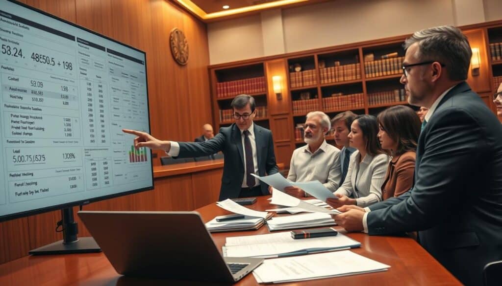 A courtroom scene depicting a legal expert analyzing damage evaluations, with a focus on a large screen displaying complex insurance reports and calculations. In the foreground, a professional-looking individual in business attire points to the screen, surrounded by documents and a sleek laptop. The middle ground features a diverse group of professionals engaged in discussion, reviewing paperwork related to auto insurance assessments. The background shows a judge's bench and bookshelves filled with legal texts, softly illuminated by warm ambient lighting. A slight haze in the air gives the scene a serious, contemplative atmosphere, emphasizing the importance of accurate damage assessment in legal disputes. The angle is slightly tilted to capture the dynamic interaction among the individuals.