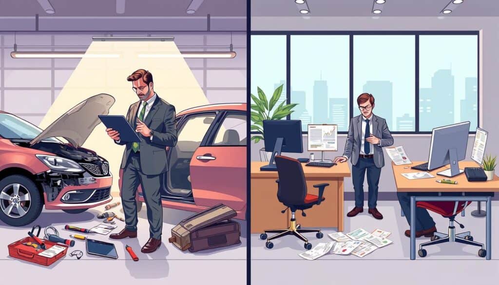 A detailed illustration contrasting the valuation of vehicle damage, depicting two scenarios in a split image. On the left, a professional adjuster in a tailored suit examines a car's damage with a tablet, surrounded by tools and paperwork, lit by bright overhead fluorescents. On the right, another scene shows a more casual estimation with an insurance agent in smart casual attire, discussing figures with a client near a computer desk, amid various paperwork and charts. The background features a modern office setting with large windows allowing natural light, creating a balanced yet dynamic atmosphere. Capture a sense of professionalism and clarity, reflecting the theme of valuation discrepancies without any text or distractions.