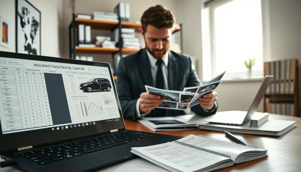 A detailed image of a professional insurance adjuster analyzing damage in a well-lit office environment. In the foreground, there's a neatly organized desk with a laptop displaying a detailed insurance valuation spreadsheet, alongside a notepad filled with notes and diagrams regarding damage assessment. The middle section showcases a focused insurance adjuster dressed in business attire, examining photographs of a vehicle's damage. In the background, there are shelves filled with insurance manuals and resources, softly illuminated by natural light coming through a window, creating a calm and professional atmosphere. The overall mood conveys professionalism and diligence, emphasizing the meticulous nature of insurance assessments. The composition is framed from a slightly elevated angle, highlighting the adjuster's concentration and the important materials laid out for valuation.