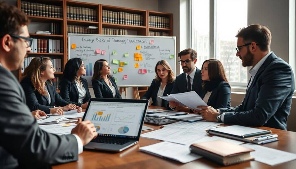 A detailed scene depicting an office environment focused on risk analysis in insurance. In the foreground, a professional, diverse group of business people wearing smart business attire are engaged in a discussion around a table filled with documents, a laptop open showing charts and graphs related to damage assessment. In the middle, a large whiteboard displays key points and strategies for negotiating better damage valuations, with colorful sticky notes. In the background, there are shelves filled with legal books and case files, soft natural lighting coming through a window, creating a collaborative and serious atmosphere. The composition should emphasize clarity, professionalism, and deep focus on analytical problem-solving.