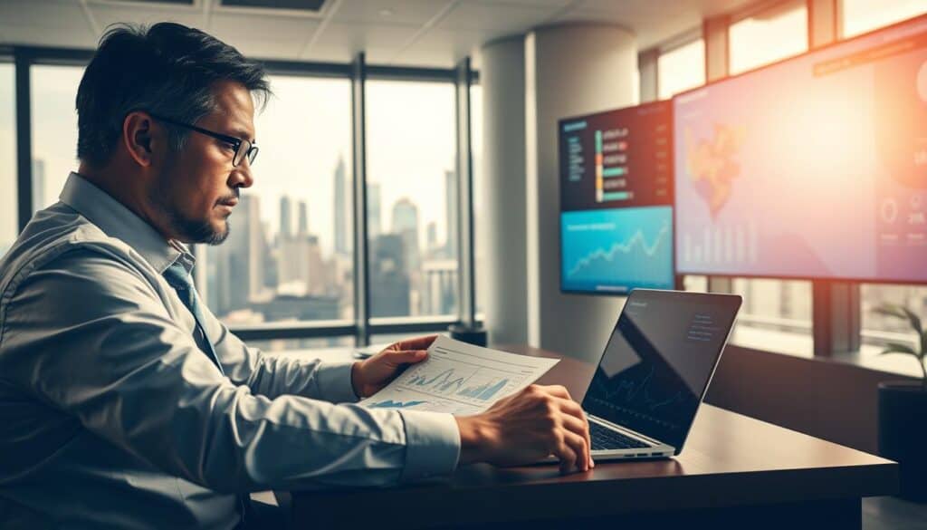 A detailed scene illustrating the concept of "insurance valuation" in a modern office environment. Foreground features a professional in formal business attire, analyzing financial documents with a focused expression. On the desk, a laptop displays complex charts and graphs related to market trends affecting damage valuation. The middle ground includes a large window allowing soft, natural light to fill the room, highlighting a cityscape backdrop with skyscrapers, symbolizing the bustling insurance market. In the background, a digital screen showcases key metrics and industry analytics. The overall atmosphere conveys professionalism and analytical rigor, with a warm and inviting lighting scheme that enhances the seriousness of the subject matter. A detailed scene illustrating the concept of "insurance valuation" in a modern office environment. Foreground features a professional in formal business attire, analyzing financial documents with a focused expression. On the desk, a laptop displays complex charts and graphs related to market trends affecting damage valuation. The middle ground includes a large window allowing soft, natural light to fill the room, highlighting a cityscape backdrop with skyscrapers, symbolizing the bustling insurance market. In the background, a digital screen showcases key metrics and industry analytics. The overall atmosphere conveys professionalism and analytical rigor, with a warm and inviting lighting scheme that enhances the seriousness of the subject matter.
