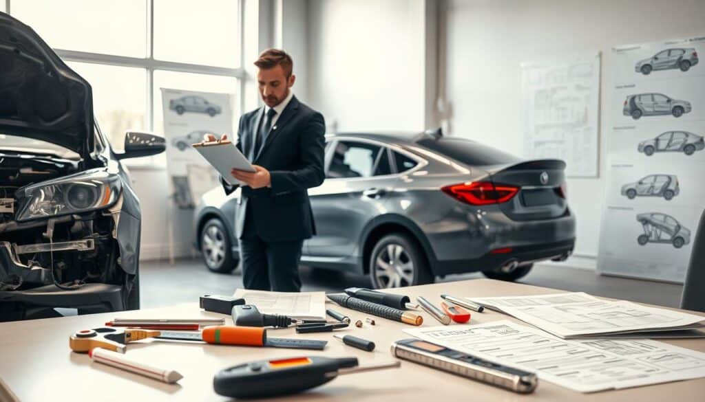 A detailed scene illustrating the vehicle damage assessment process. In the foreground, a focused professional in a business suit examines a damaged car, holding a clipboard. The middle ground features various tools like measuring devices and repair guides spread across a table, symbolizing the assessment tools used in the process. The background shows a well-lit office space with charts and diagrams of vehicle structures on the walls, adding context to the evaluation. Soft, natural lighting floods the room from a window, creating a neutral yet professional atmosphere. The overall mood is serious and dedicated, emphasizing the meticulous nature of damage evaluation.