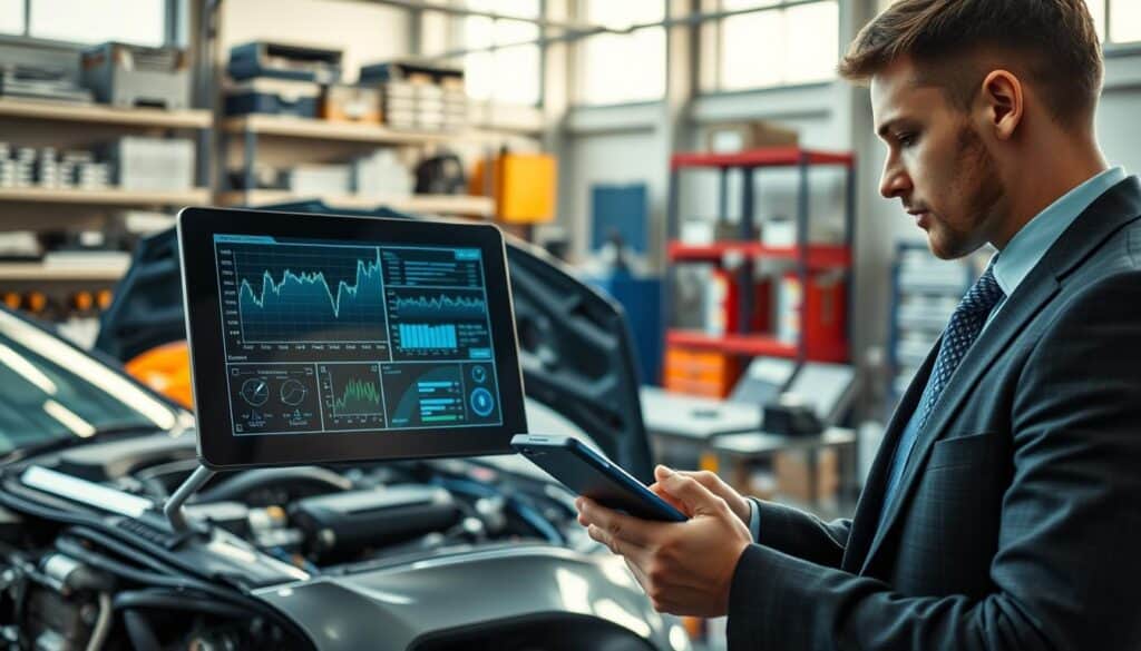 A detailed vehicle technical analysis scene set in a modern workshop. In the foreground, a professional technician, dressed in smart business attire, examines a high-tech diagnostic tool displaying intricate graphs and data about the vehicle's condition. The middle ground features an open vehicle, revealing its engine and components, illuminated by soft, focused lighting that highlights the intricate details of the machinery. In the background, shelves filled with advanced tools and equipment, and large windows letting natural light pour in, contributing to a clean and organized atmosphere. The mood is one of precision and professionalism, underscoring the impact of technology on damage analysis in the automotive industry.
