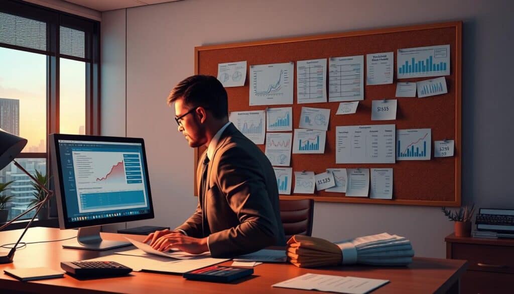 A detailed visualization of an insurance adjuster's workspace, focused on the analysis of claims calculations. In the foreground, a professional in business attire is examining documents and graphs on a desk, surrounded by a computer displaying data analysis software and a calculator. In the middle ground, a large corkboard holds pinned notes and charts illustrating various claim assessments and financial figures, reflecting a meticulous examination process. The background features a modern office setting with soft, ambient lighting that casts a warm glow, emphasizing a serious and focused atmosphere. Include a window with a view of a cityscape, suggesting an urban insurance firm environment. The overall mood should convey precision, professionalism, and analytical depth. A detailed visualization of an insurance adjuster's workspace, focused on the analysis of claims calculations. In the foreground, a professional in business attire is examining documents and graphs on a desk, surrounded by a computer displaying data analysis software and a calculator. In the middle ground, a large corkboard holds pinned notes and charts illustrating various claim assessments and financial figures, reflecting a meticulous examination process. The background features a modern office setting with soft, ambient lighting that casts a warm glow, emphasizing a serious and focused atmosphere. Include a window with a view of a cityscape, suggesting an urban insurance firm environment. The overall mood should convey precision, professionalism, and analytical depth.
