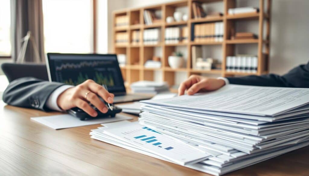 A detailed workspace scene focusing on essential documents for defending against undervalued calculations. In the foreground, a neatly arranged stack of professional paperwork, including charts, graphs, and reports. A pair of hands, dressed in smart business attire, is holding a pen, poised over a document, reflecting concentration. In the middle ground, a modern office desk with a laptop displaying analytical data and a calculator, symbolizing diligence and preparation. The background features a soft-focus bookshelf filled with legal texts and resources, hinting at thorough knowledge. The lighting is bright and natural, coming from a large window, creating an atmosphere of optimism and professionalism. The composition should reflect a balanced and serious mood, emphasizing the importance of proper documentation in legal protection.
