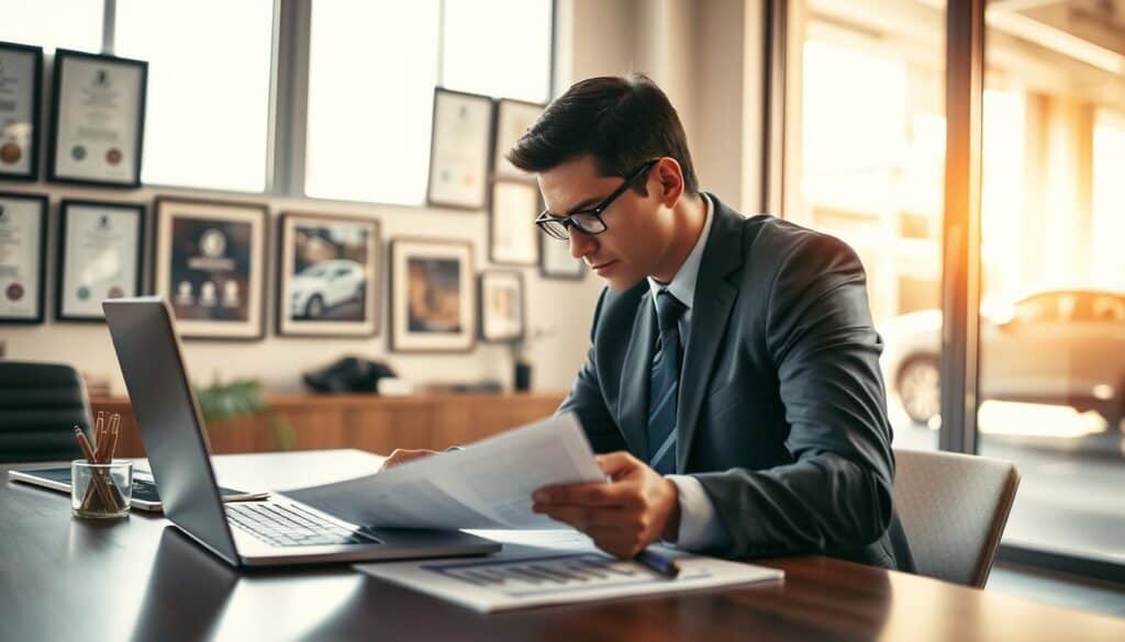 A dynamic office setting showcasing an independent insurance adjuster analyzing a vehicle accident report. In the foreground, a focused professional wearing smart business attire examines documents on a desk, illuminated by natural light streaming through large windows. The middle ground features a laptop displaying graphical data and financial calculations related to insurance valuation. In the background, an office wall adorned with framed certificates and awards emphasizes expertise. Soft, warm lighting creates a welcoming atmosphere, while a blurred image of a car accident scene is subtly visible through the window, symbolizing the subject of the analysis. The overall mood conveys diligence, professionalism, and trustworthiness, reflecting the essence of independent damage analysis and insurance valuation.