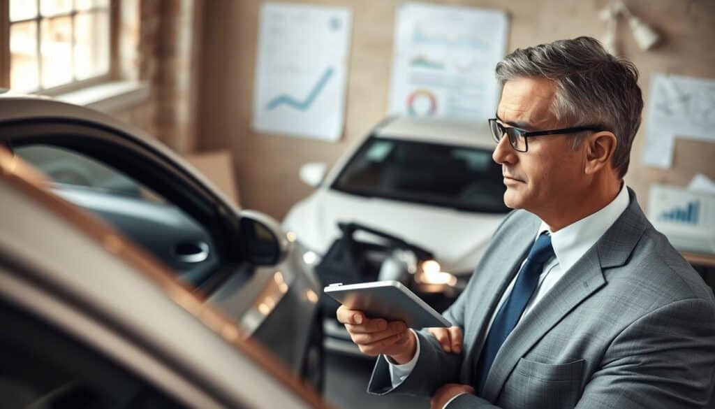 A focused scene of an insurance adjuster evaluating a vehicle for damage assessment. In the foreground, a middle-aged professional in a smart business suit examines the vehicle closely with a tablet in hand, taking notes. The adjuster's face shows concentration and expertise. In the middle ground, a slightly damaged car is parked, with visible scratches and dents, illuminated by soft natural lighting from a nearby window. In the background, an office setting with charts and graphs on the walls, plus a desk with a laptop and paperwork related to damage estimation. The atmosphere is serious and professional, conveying the importance of accurate damage appraisal. The angle of the shot is slightly elevated, providing a comprehensive view of the adjuster and the vehicle.