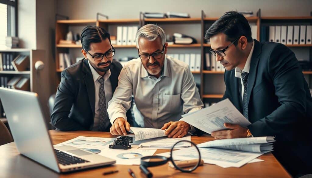 A group of professional insurance experts analyzing vehicle damage in an office setting. In the foreground, a diverse team of three experts in formal business attire, gathered around a table, closely examining automotive parts and technical documents under warm, soft lighting. The middle-ground features detailed charts and a laptop displaying data analysis, with a magnifying glass nearby, symbolizing meticulous inspection. In the background, shelves filled with reference books and insurance-related materials add context, creating a focused atmosphere. The overall mood should convey professionalism, collaboration, and diligence in a modern office environment. Use a shallow depth of field to emphasize the experts' expressions and engagement in the analysis. A group of professional insurance experts analyzing vehicle damage in an office setting. In the foreground, a diverse team of three experts in formal business attire, gathered around a table, closely examining automotive parts and technical documents under warm, soft lighting. The middle-ground features detailed charts and a laptop displaying data analysis, with a magnifying glass nearby, symbolizing meticulous inspection. In the background, shelves filled with reference books and insurance-related materials add context, creating a focused atmosphere. The overall mood should convey professionalism, collaboration, and diligence in a modern office environment. Use a shallow depth of field to emphasize the experts' expressions and engagement in the analysis.