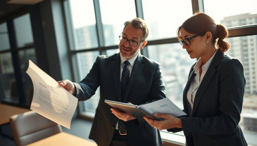 A group of three professionals in a modern office setting engaged in a serious discussion about insurance claims, representing a spirit of diligence and caution. In the foreground, a middle-aged man in a suit points at a document with a concerned expression, indicating the importance of understanding claims. Beside him, a woman in business attire, with glasses and a focused look, is analyzing a tablet showing graphs and statistics. In the background, a large window reveals a city skyline, enhancing the atmosphere of professionalism. Soft, natural lighting floods the room, creating a warm and inviting mood, while shadows add depth to the scene. The angle captures all subjects clearly, emphasizing their engaged expressions and the seriousness of the conversation.