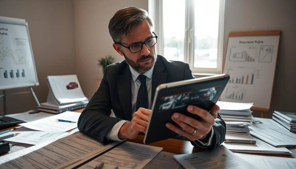 A knowledgeable insurance appraiser sitting at a desk cluttered with documents, including inspection reports and vehicle damage assessments. The appraiser, dressed in a smart business suit, is thoughtfully analyzing a tablet screen displaying detailed images of a damaged car. In the background, a window shows a bright, sunny day outside, casting soft, natural light into the room, creating a professional atmosphere. The middle ground features a whiteboard with diagrams and notes related to insurance valuations, emphasizing expertise. The overall mood is serious and focused, highlighting the importance of accurately assessing insurance claims. The camera angle should be slightly elevated, capturing both the appraiser and the workspace.
