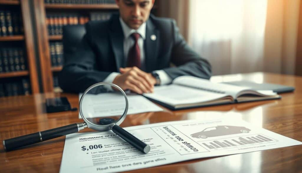 A lawyer sitting at a polished wooden desk with a focused expression, reviewing documents with detailed illustrations of car damage estimates laid out. The foreground features a close-up of a document highlighting discrepancies in insurance evaluations using a magnifying glass. In the middle, there are charts and graphs displaying a clear comparison between a low insurance quote and a realistic damage estimate. The background shows a blurred office setting with bookshelves filled with legal books, reflecting a professional atmosphere. Soft, natural light streams in through a window, creating a calm yet serious mood. The image should convey professionalism and attention to detail, emphasizing the importance of accurate damage assessments in insurance claims.