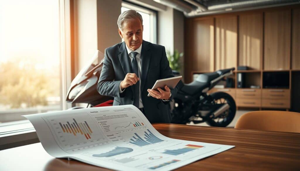 A professional appraisal scene set in a modern office environment. In the foreground, a middle-aged man in a sharp business suit examines a sleek motorcycle, using a tablet to gather data. He displays a focused expression, embodying diligence and expertise. In the middle ground, a detailed technical report lies open on a polished wooden desk, showcasing graphs and statistical analyses related to vehicle evaluations. In the background, large windows let in warm, natural light, illuminating the room and creating a sense of clarity and trust. The overall atmosphere should convey professionalism and assurance, emphasizing the importance of reliable technical assessments. The image should be well-composed with soft and balanced lighting, highlighting both the subject and the motorcycle.
