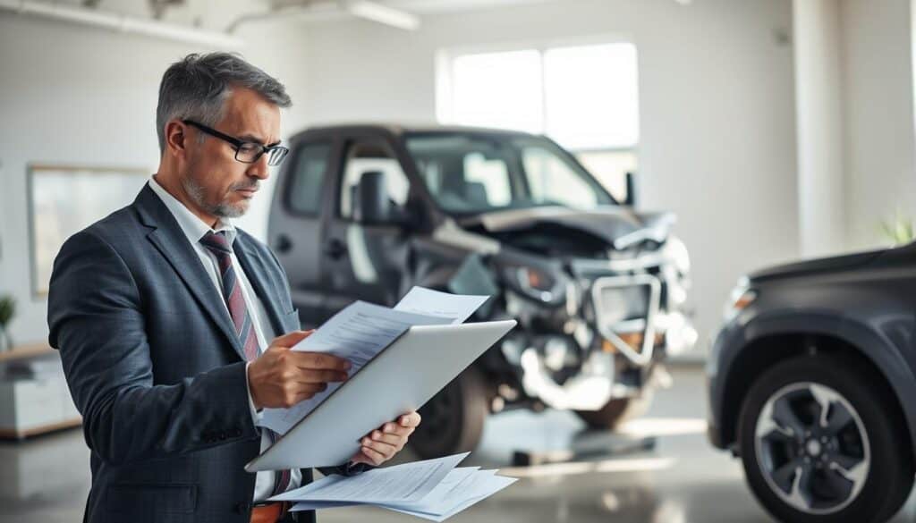 A professional appraiser assessing vehicle damage in an office setting. In the foreground, depict a focused appraiser in business attire, reviewing detailed reports and calculations with a laptop open, displaying analytical data. In the middle ground, include a large, damaged vehicle under bright, diffused lighting, with the appraiser pointing at specific areas of damage for analysis. In the background, a minimalistic office decor with a window allowing natural light to filter in, creating an atmosphere of clarity and professionalism. The mood should convey seriousness and diligence, highlighting the importance of accurate damage assessment in the automotive industry. The scene should be captured from a slightly elevated angle to emphasize the appraiser’s engagement and the damaged vehicle's details.