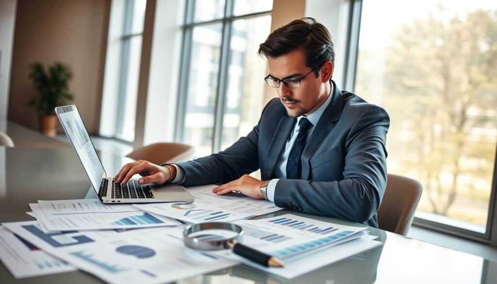 A professional business analyst sitting at a sleek modern desk, deeply focused on reviewing detailed financial reports and valuation charts. The foreground features a laptop displaying complex graphs, financial documents, and a magnifying glass, symbolizing meticulous evaluation. In the middle ground, soft-focus papers and charts illustrate various valuation figures and methodologies. The background showcases a bright, airy office environment with large windows letting in natural light, creating an atmosphere of clarity and professionalism. The lighting is warm, emphasizing a feeling of trust and confidence. The analyst, dressed in smart business attire, presents a serious yet composed demeanor, reflecting the importance of independent valuation analysis in financial discussions.