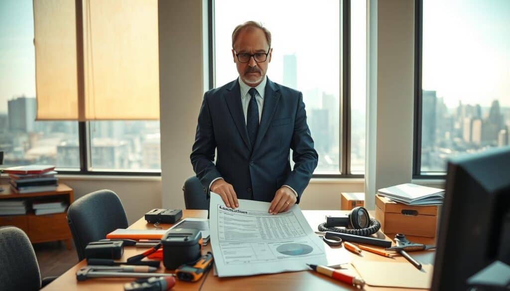 A professional insurance adjuster, depicted as a middle-aged Caucasian male, in a smart navy blue suit and glasses, stands confidently in a well-lit office environment. He is reviewing a detailed damage assessment report on a wooden desk, surrounded by various tools and equipment for damage evaluation. In the background, large windows reveal a cityscape bathed in soft afternoon sunlight, casting gentle shadows in the room. The atmosphere is serious yet focused, conveying the importance of accurate appraisals. A sense of professionalism and expertise permeates the space, highlighting the critical role of an adjuster in determining the true value of damages. The image is captured with a tilted angle for a dynamic perspective, emphasizing the subject’s dedication to his work.