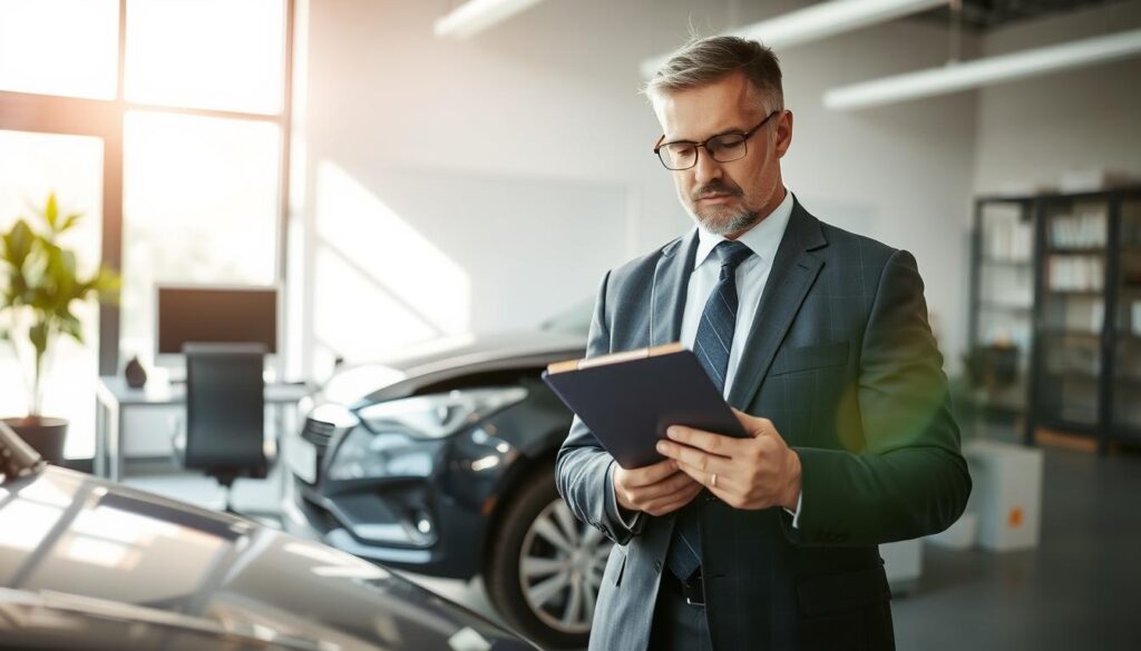 A professional insurance appraiser in a modern office setting, wearing a tailored suit, carefully examines a damaged car with a clipboard in hand. In the foreground, the appraiser's intense focus is highlighted as he analyzes the vehicle's dents and scratches under bright, natural lighting. In the middle, the car is well-detailed, showing its scratches and damages, illustrating the importance of accurate assessment. In the background, a sleek desk with a computer and various tools of the trade adds an air of professionalism. Soft daylight coming through a window casts an inviting glow, creating a mood of trust and expertise. The overall atmosphere is calm and serious, emphasizing the critical role of accurate damage assessment in insurance claims.