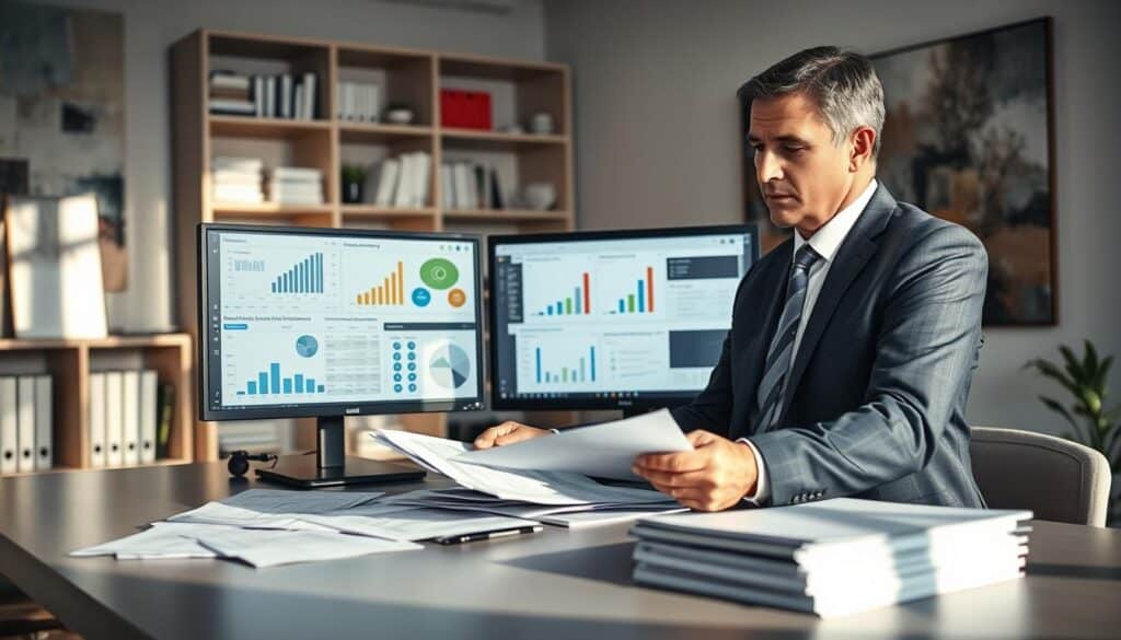 A professional insurance auditor conducting a detailed damage assessment in a modern office setting. In the foreground, focus on the auditor, a middle-aged Caucasian man dressed in a smart business suit, analyzing documents and reports on a sleek desk. In the middle, include a large computer screen displaying various graphs and charts related to damage estimates. The background should showcase shelves filled with insurance books and an abstract painting on the wall. Use natural lighting from a large window that adds warmth to the scene, with soft shadows cast on the desk. The atmosphere should be serious and focused, emphasizing the importance of precise evaluations when faced with low damage valuations.