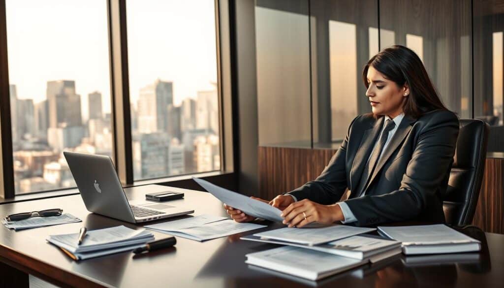 A professional lawyer in a sleek office environment, seated at a dark wooden desk cluttered with legal documents and a laptop. The lawyer, a middle-aged Caucasian man, dressed in a tailored dark suit and tie, is engaged in a discussion with a young Hispanic woman, who is dressed in a smart business outfit. They are both focused on a document in front of them, with expressions reflecting determination and collaboration. In the background, a large window offers a view of a city skyline bathed in soft, natural light, creating an optimistic atmosphere. The lighting is warm, accentuating the earnestness of their interaction. The image captures the essence of legal partnership, highlighting the importance of collaboration in navigating complex insurance valuations, creating a professional and inviting mood.