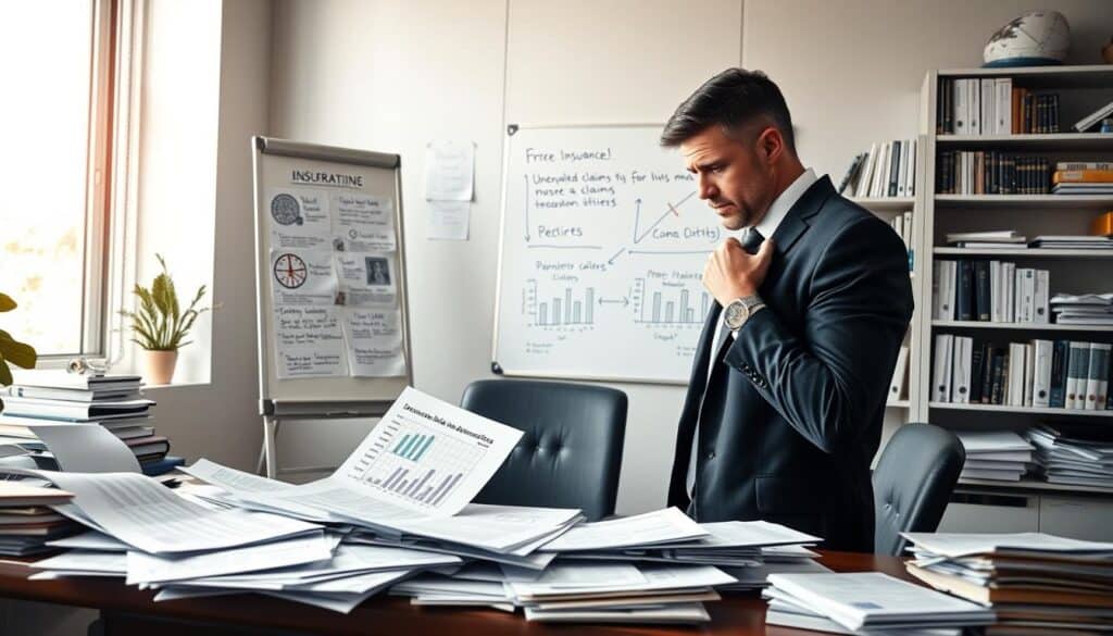 A professional, modern insurance office interior filled with paperwork and reports that represent various errors made by insurance companies. In the foreground, a stressed insurance agent in business attire examines a messy desk cluttered with charts illustrating undervalued claims and miscalculations. In the middle ground, a whiteboard displays handwritten notes and diagrams highlighting common pitfalls in insurance assessments. The background features shelves filled with books on risk management and insurance policies, with a large window letting in soft, natural light that creates a calm yet serious atmosphere. The overall mood reflects the urgency and complexity of insurance valuation mistakes, emphasizing the need for attention to detail in the industry.