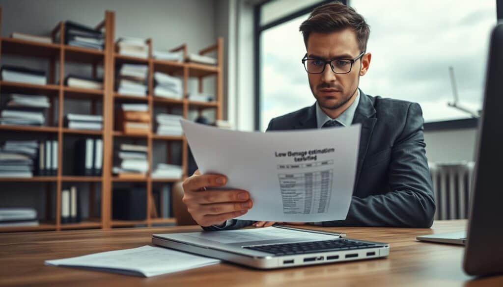 A professional office environment featuring a concerned insurance adjuster in business attire examining a document. The foreground showcases a close-up of the adjuster's focused expression and hands holding a file folder. In the middle ground, an open laptop displays a spreadsheet with low damage estimates. The background is filled with shelves stacked with files and a large window showing an overcast sky, creating a somber mood. Soft, diffused lighting highlights the adjuster's features while casting gentle shadows, enhancing the atmosphere of tension and concern regarding low damage valuations. The overall composition should evoke a sense of seriousness and professionalism, illustrating the complexities of insurance assessments.