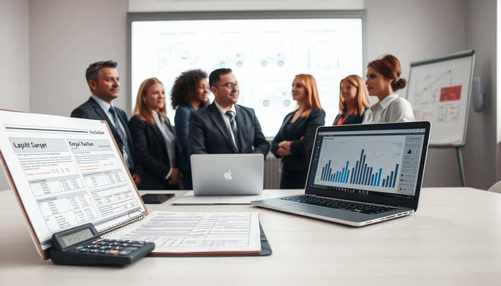A professional office environment focused on the assessment of vehicle damage. In the foreground, a meticulously organized desk displays a clipboard with detailed damage assessment reports, a calculator, and a laptop showing data and graphs related to insurance valuations. In the middle, a diverse group of professionals in business attire discusses the findings, with expressions of concentration and analysis. The background features a large window allowing natural light to filter in, illuminating a whiteboard filled with diagrams illustrating the differences in damage assessment methodologies. The atmosphere is analytical and focused, evoking a sense of professionalism and diligence in the appraisal process. Soft, diffused lighting enhances the clarity of the workspace, while the camera angle captures the collaborative interaction between the professionals.