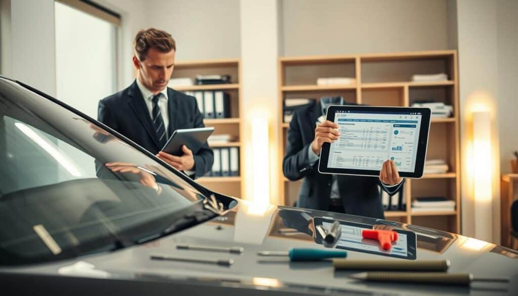 A professional office scene depicting an insurance adjuster evaluating vehicle damage. In the foreground, a focused adjuster in business attire examines a damaged car, equipped with a digital tablet showing assessment data. In the middle ground, a detailed view of the car’s dents and scratches reflects the technical analysis process, with various tools laid out nearby. The background features a softly lit office with shelves containing reference books on vehicle assessments and financial documents, creating a professional atmosphere. The lighting is warm and inviting, enhancing the meticulous approach to damage valuation. The mood is serious yet constructive, highlighting the importance of accurate damage evaluation in insurance claims.