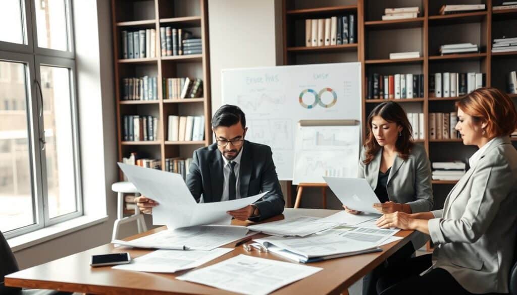 A professional office setting depicting a diverse group of experts engaged in the process of preparing an independent appraisal. In the foreground, two individuals, a male and a female, are examining detailed reports and technical documents on a large table, dressed in professional business attire. In the middle ground, a third person is using a laptop, analyzing data while a whiteboard filled with diagrams and notes is visible. The background features shelves filled with books and case studies, emphasizing a scholarly environment. Soft, natural lighting comes through a large window, creating a warm and inviting atmosphere. The composition captures a sense of collaboration, focus, and diligence in achieving a thorough expertise process.