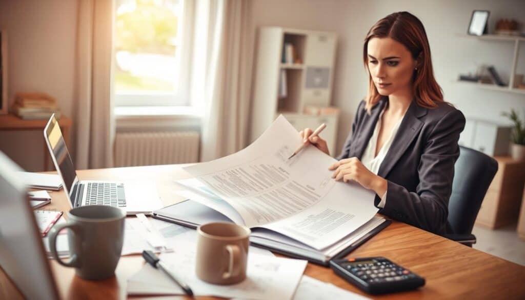 A professional office setting depicting a woman in business attire, reviewing documentation on a desk cluttered with papers and a laptop. In the foreground, she looks focused, with a pen in her hand, emphasizing the importance of thorough documentation in the claims process. The middle ground features an open file with detailed reports and insurance papers, alongside a coffee mug and a calculator, conveying a sense of diligence and professionalism. In the background, through a window, soft natural light streams in, illuminating the space and creating a warm, inviting atmosphere. The overall mood is serious yet productive, reflecting the critical nature of accurately assessing insurance claims and their implications.