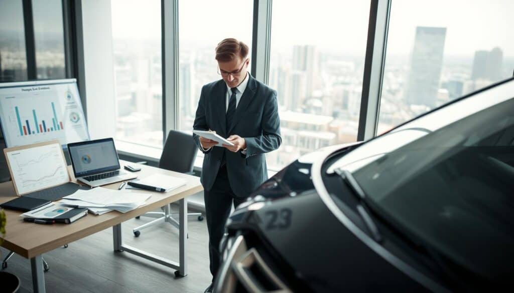 A professional office setting focused on the detailed assessment of vehicle damage. In the foreground, a business professional in a suit examines an accident-damaged car, using a notepad and measuring tools for a thorough evaluation. The middle shows a large desk cluttered with documents, a laptop displaying damage estimation software, and charts representing repair costs and assessments. In the background, a large window allows natural light to flood the room, revealing a cityscape. The atmosphere is serious and analytical, capturing the importance of meticulous damage analysis. The lighting is bright, enhancing the focus on the subject, with a slightly blurred depth of field to emphasize the foreground action while keeping the rest of the image clear.