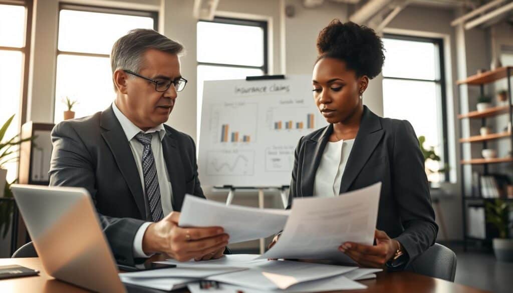A professional office setting illuminated by warm, natural light filtering through large windows. In the foreground, an individual in business attire, a middle-aged Caucasian man, is engaged in a focused discussion with a professional woman, an African American in a smart blazer. They are surrounded by papers and a laptop, depicting a sense of urgency as they review documents related to insurance claims. In the middle ground, a whiteboard displays charts and notes related to insurance valuation, symbolizing the challenge of undervalued claims. The background features a sleek modern office environment with shelves of industry-relevant books and plants. The overall atmosphere conveys determination and collaboration, emphasizing the theme of fighting against undervalued assessments. The angle is slightly elevated, capturing both individuals’ expressions of concentration and confidence.