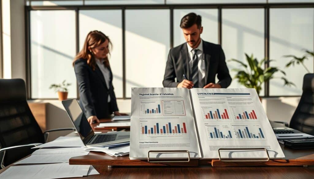 A professional office setting illustrating the role of valuation in the damage assessment process. In the foreground, a diverse team of three professionals—two in business suits and one in smart casual attire—engaged in a serious discussion around a large table cluttered with documents and a laptop displaying graphs. In the middle ground, a detailed report with charts is prominently displayed, suggesting meticulous evaluation. The background features a large window allowing natural light to flood in, casting soft shadows, indicative of a calm day. The mood is focused and analytical, with a sense of urgency seen in the professionals' expressions. The image should convey a collaborative and proactive atmosphere in the damage assessment process.