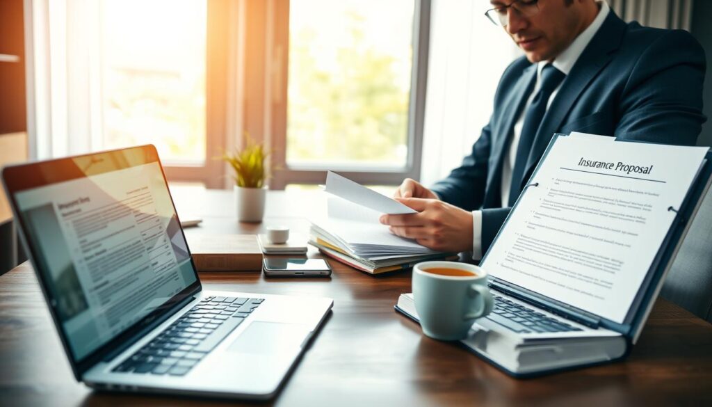 A professional office setting, where a confident individual in business attire is preparing for a conversation with an insurance agent. In the foreground, a laptop is open with a document titled "Insurance Proposal" visible, while the individual organizes a stack of papers and a notebook filled with notes. In the middle, a stylish wooden desk holds a smartphone and a cup of coffee, suggesting readiness and focus. The background features a large window with natural light streaming in, illuminating the scene with a warm and inviting atmosphere. The mood is one of determination and professionalism, emphasizing the importance of preparation for the conversation. Soft focus on the background adds a sense of depth to the composition.
