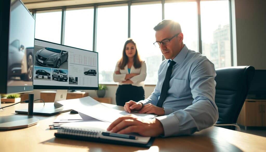 A professional scene depicting a damage assessment in an office environment. In the foreground, a well-dressed insurance adjuster is reviewing documents on a desk, while a concerned vehicle owner stands nearby, both appearing focused and engaged. The middle layer includes a computer screen displaying vehicle damage reports and a notepad with calculations. In the background, a large window showcases a bright, sunny day, casting soft natural light into the room, creating a warm atmosphere. Shadows from office furniture add depth to the image. Capture the sense of professionalism and the gravity of addressing underappreciated damage valuations. Use a slightly angled perspective to emphasize the interaction between the adjuster and the vehicle owner.